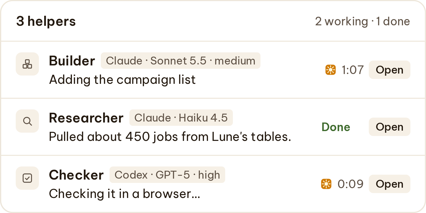 Three helpers at work on the tracker: a builder adds the campaign list, a researcher has pulled about 450 jobs from Lune's tables, and a checker tests it in a browser.